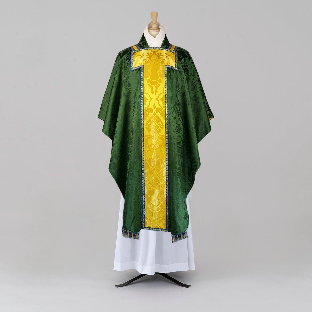 Borromean Chasuble in Green 'Shrewsbury' with Imperial Yellow/Gilt 'Bellini' Orphreys - Watts & Co.
