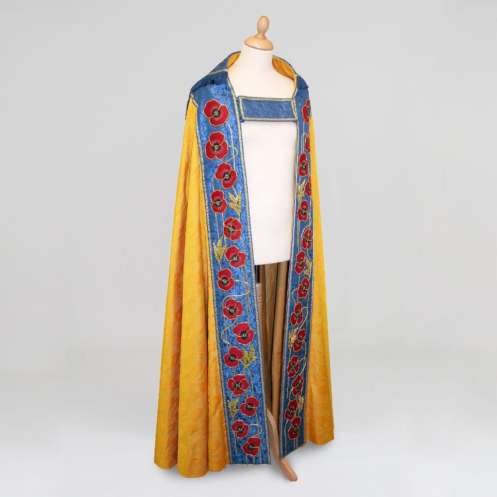 Cathedral Cope in Gold 'Poppy' with Blue 'Hilliard' Orphreys and Poppy Embroidery - Watts & Co.