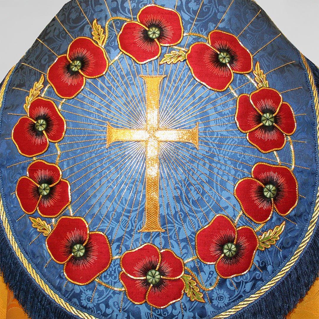 Cathedral Cope in Gold 'Poppy' with Blue 'Hilliard' Orphreys and Poppy Embroidery - Watts & Co.