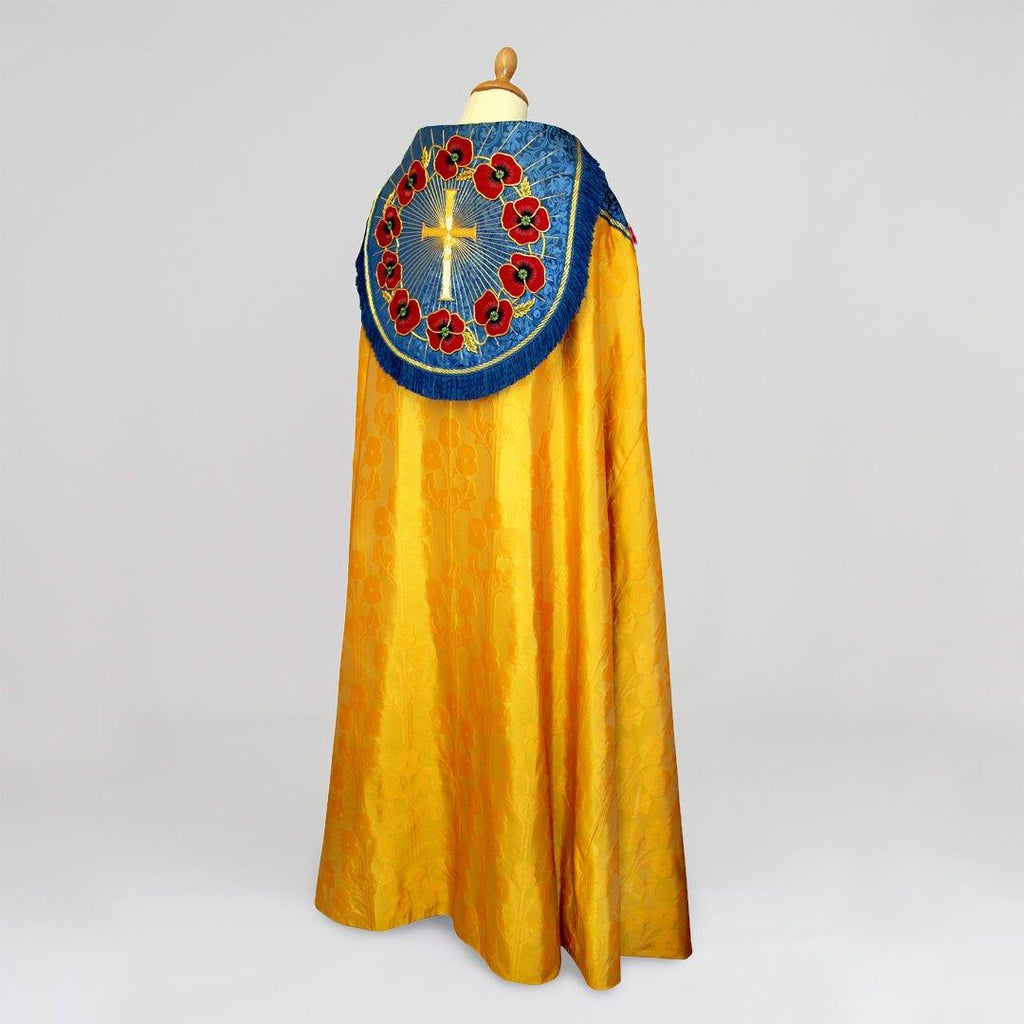 Cathedral Cope in Gold 'Poppy' with Blue 'Hilliard' Orphreys and Poppy Embroidery - Watts & Co.