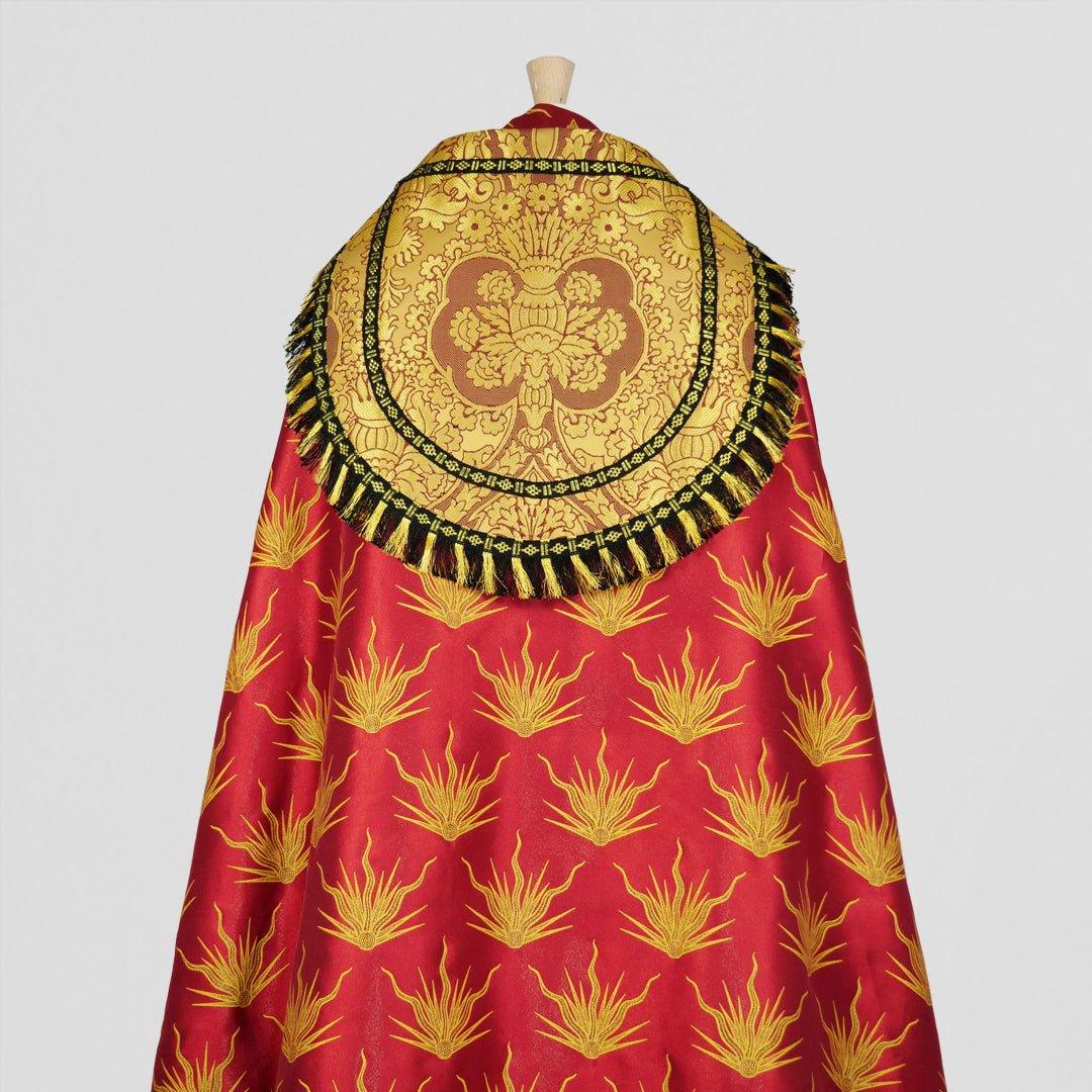 Cathedral Cope in Red Pentecost Brocade with Garnet Crevelli Orphreys - Watts & Co.