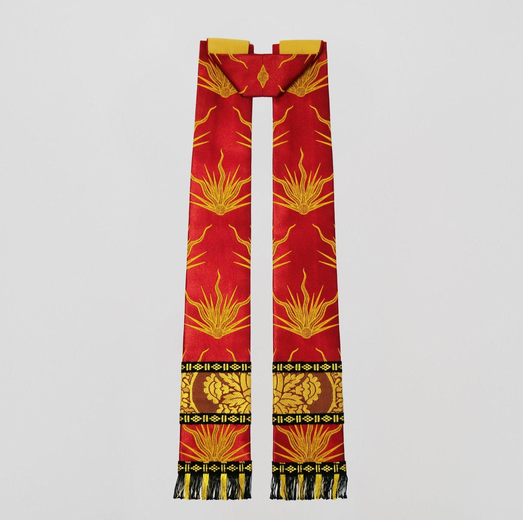 Cathedral Cope in Red Pentecost Brocade with Garnet Crevelli Orphreys - Watts & Co.