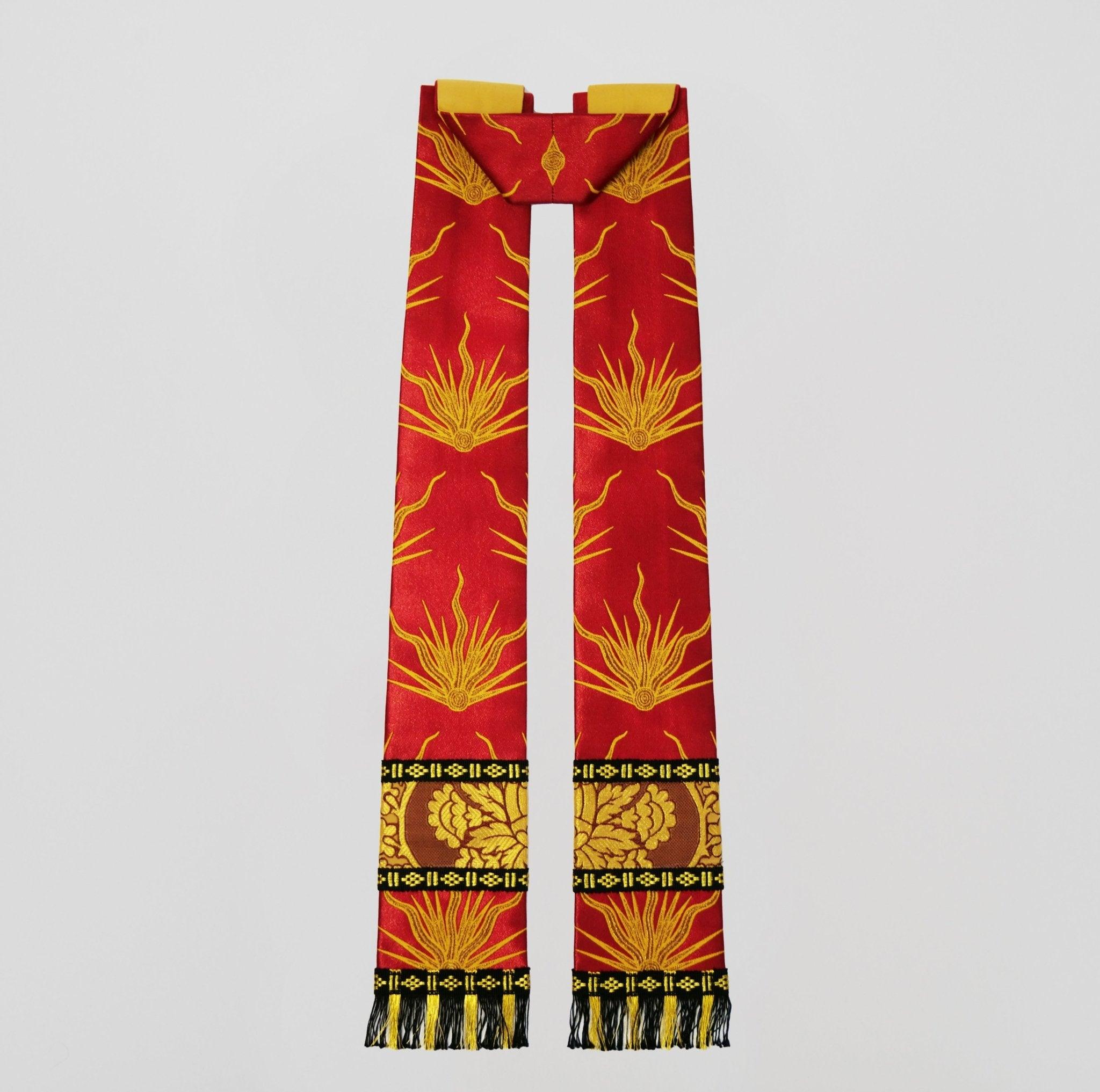 Cathedral Cope in Red Pentecost Brocade with Garnet Crevelli Orphreys - Watts & Co.