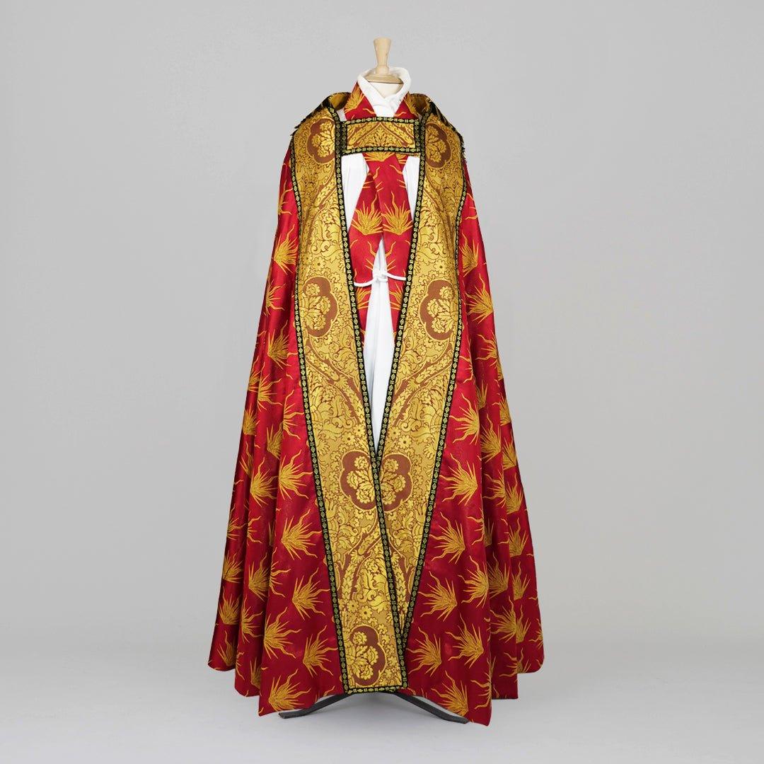 Cathedral Cope in Red Pentecost Brocade with Garnet Crevelli Orphreys - Watts & Co.