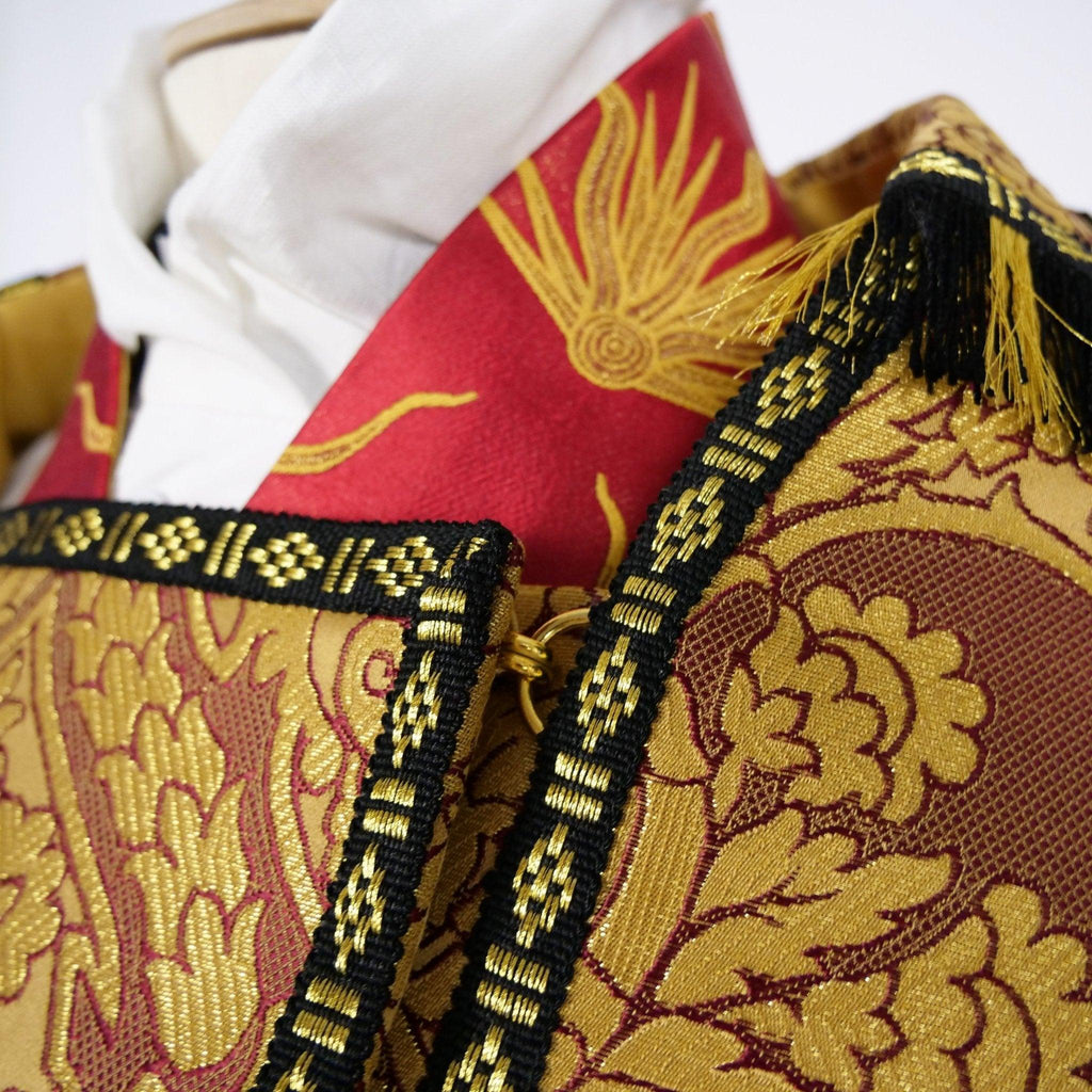 Cathedral Cope in Red Pentecost Brocade with Garnet Crevelli Orphreys - Watts & Co.