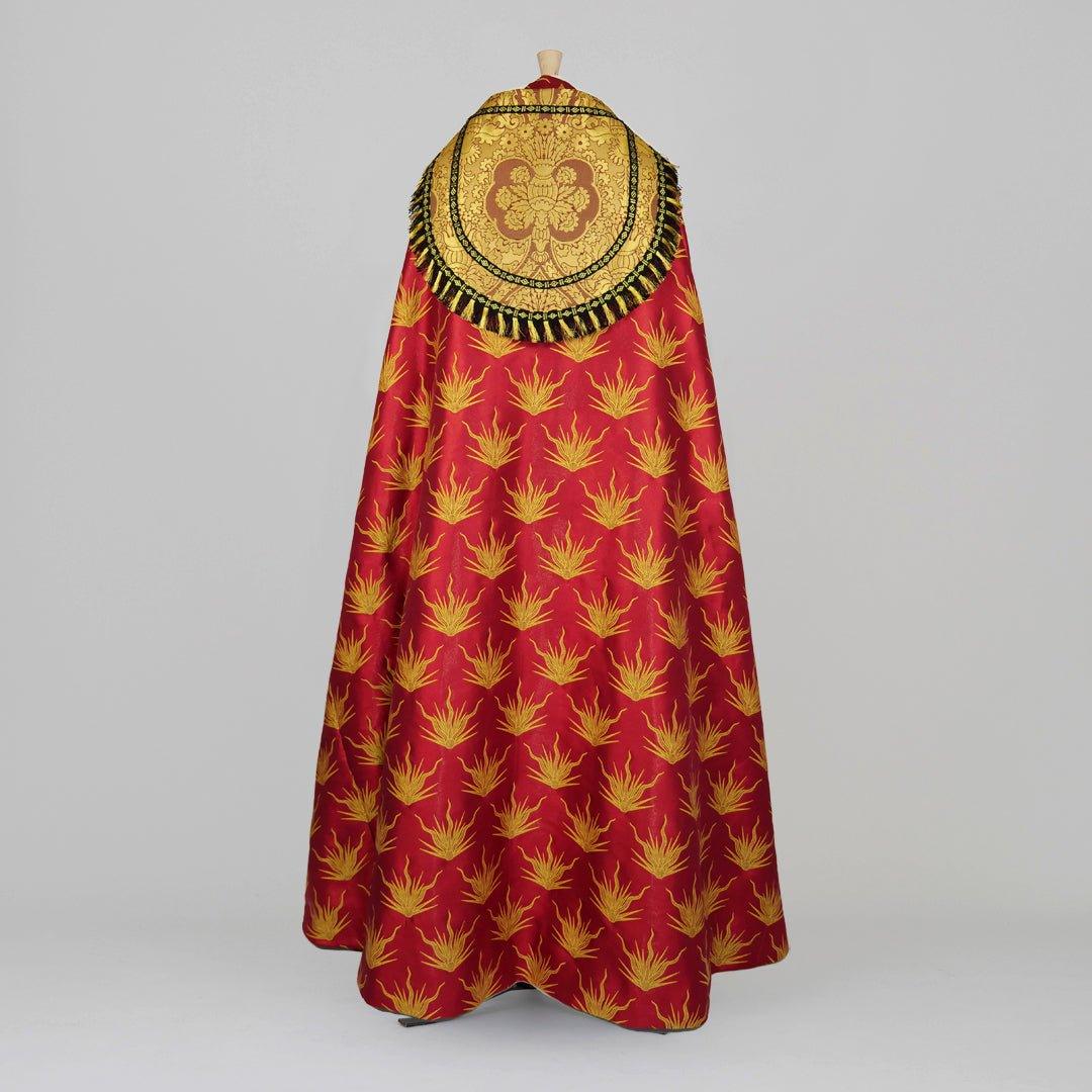 Cathedral Cope in Red Pentecost Brocade with Garnet Crevelli Orphreys - Watts & Co.