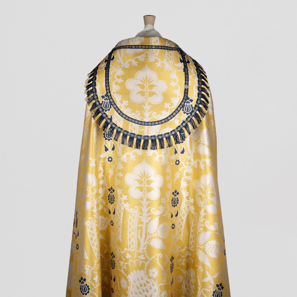 Cathedral Cope in White/Gold/Blue 'Comper Strawberry' with Outline Orphreys - Watts & Co.