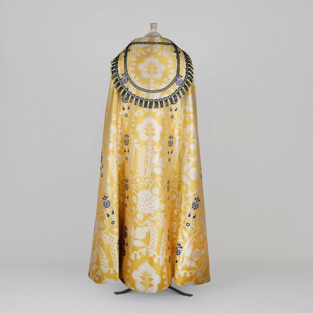 Cathedral Cope in White/Gold/Blue Comper Strawberry with Blue Outline Orphreys - Watts & Co.