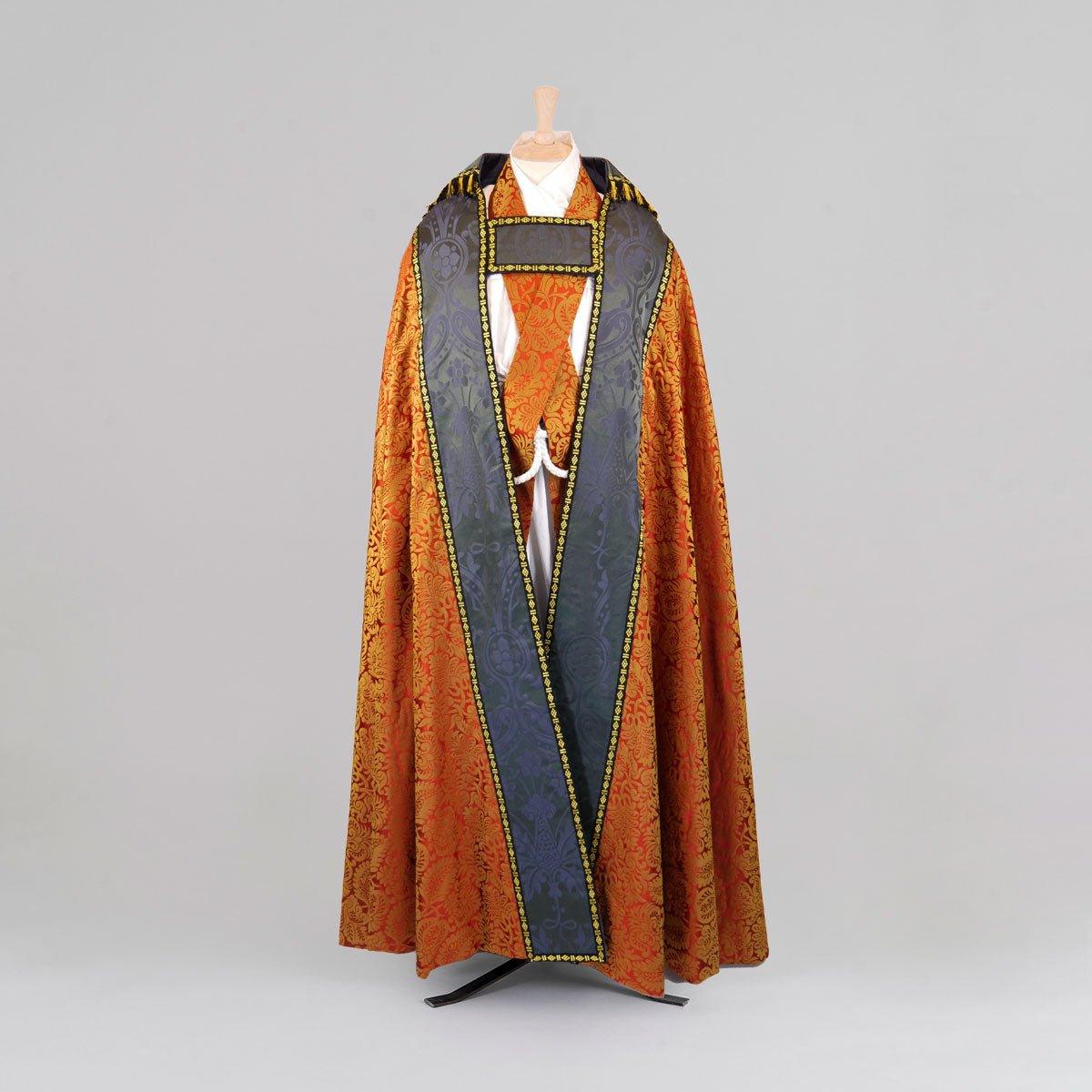 Cathedral Cope & Stole in Red/Gold 'Holbein' Silk with Sarum Indigo 'Shrewsbury' Orphreys - Watts & Co.