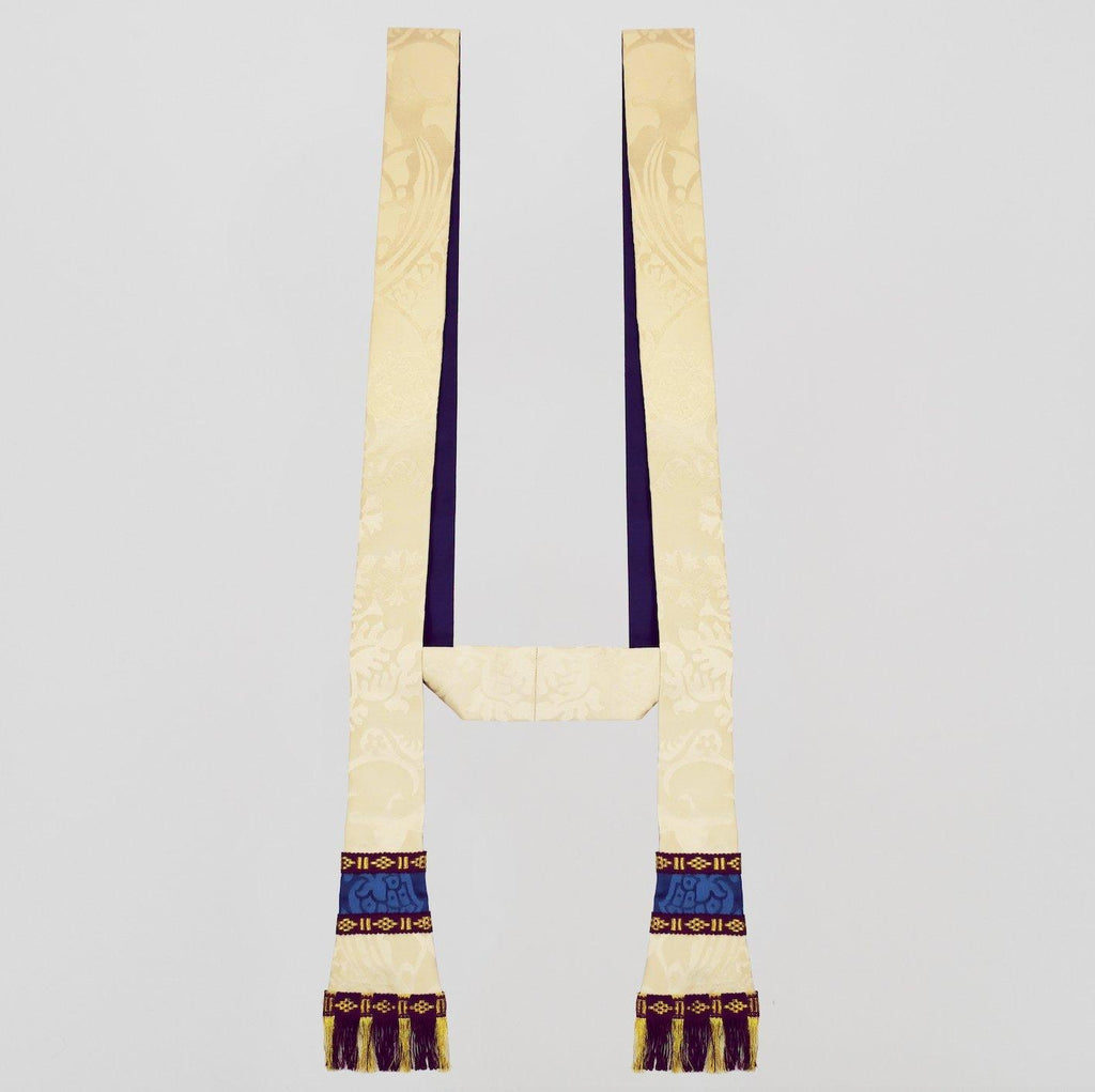 Chasuble and Stole in Cream 'Comper Cathedral' with Blue 'Comper Cathedral' Orphreys and Quatrefoil embroidery at back - Watts & Co.