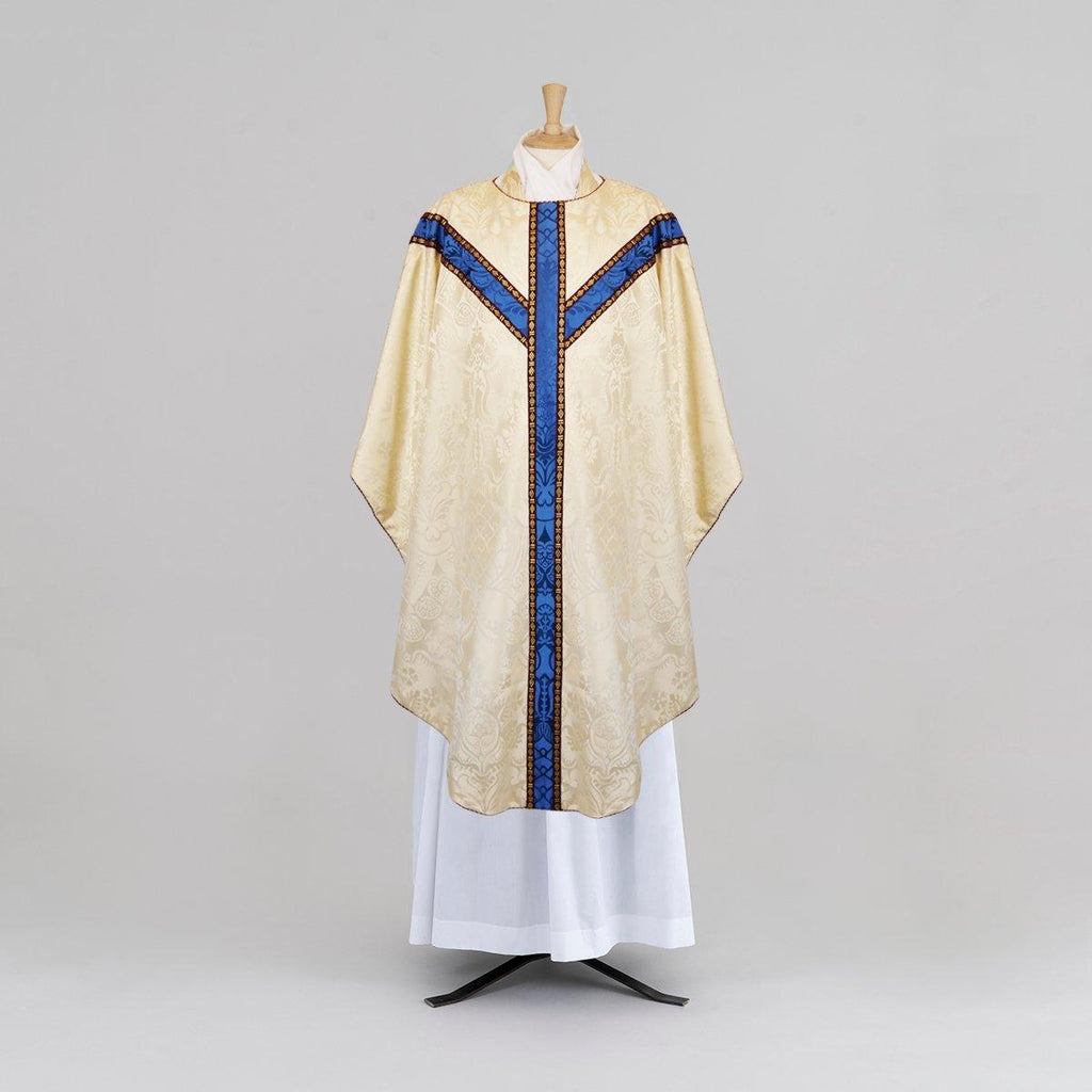 Chasuble and Stole in Cream 'Comper Cathedral' with Blue 'Comper Cathedral' Orphreys and Quatrefoil embroidery at back - Watts & Co.