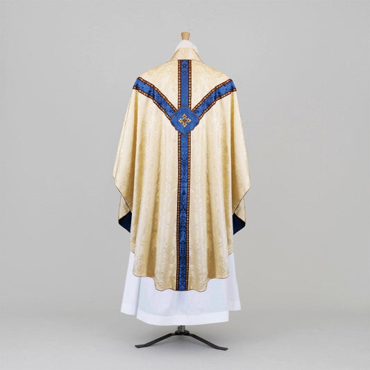Chasuble and Stole in Cream 'Comper Cathedral' with Blue 'Comper Cathedral' Orphreys and Quatrefoil embroidery at back - Watts & Co.