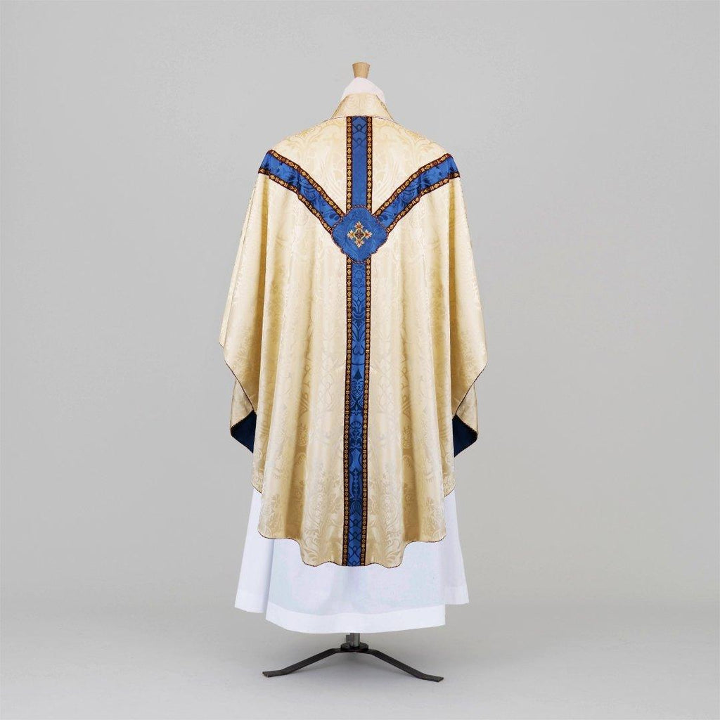 Chasuble and Stole in Cream 'Comper Cathedral' with Blue 'Comper Cathedral' Orphreys and Quatrefoil embroidery at back - Watts & Co.