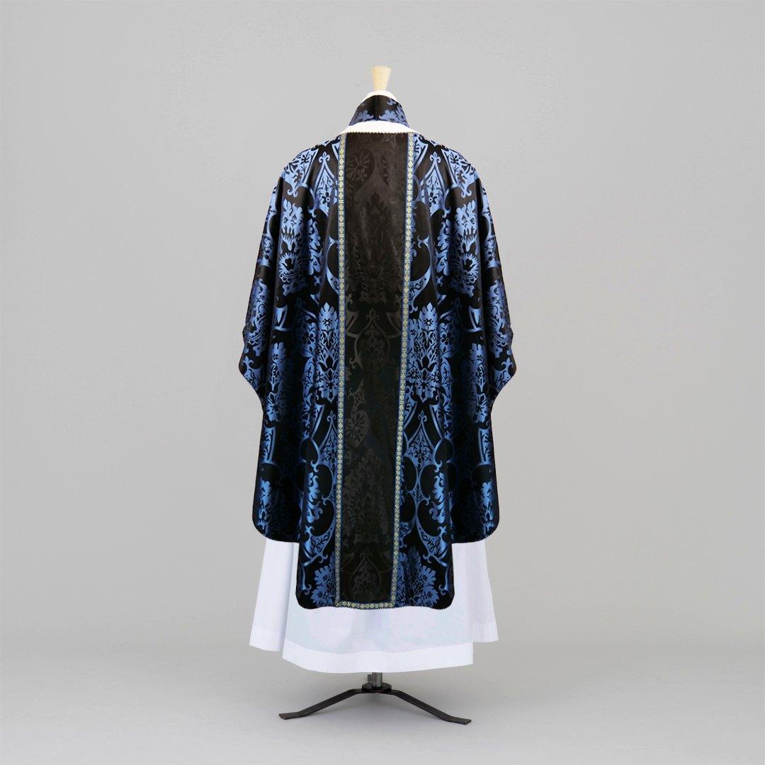 Classic Chasuble in Blue/Black 'Gothic' silk with Black 'Gothic' orphreys and Stole to match - Watts & Co.