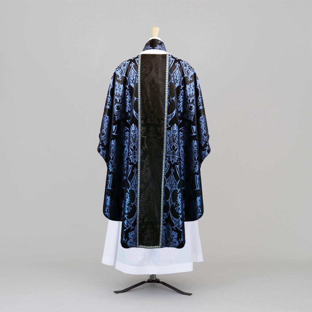 Classic Chasuble in Blue/Black 'Gothic' silk with Black 'Gothic' orphreys and Stole to match - Watts & Co.