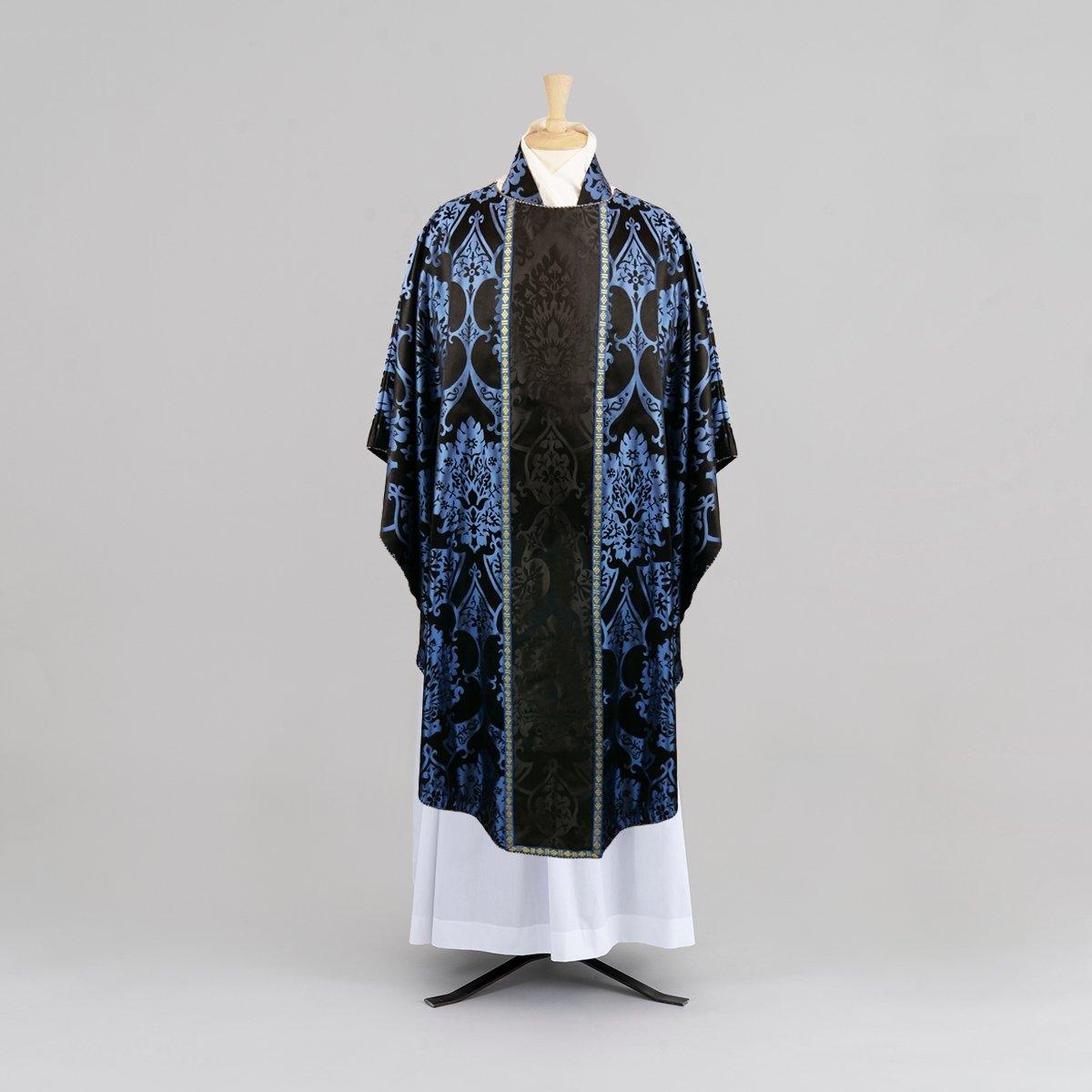 Classic Chasuble in Blue/Black 'Gothic' silk with Black 'Gothic' orphreys and Stole to match - Watts & Co.