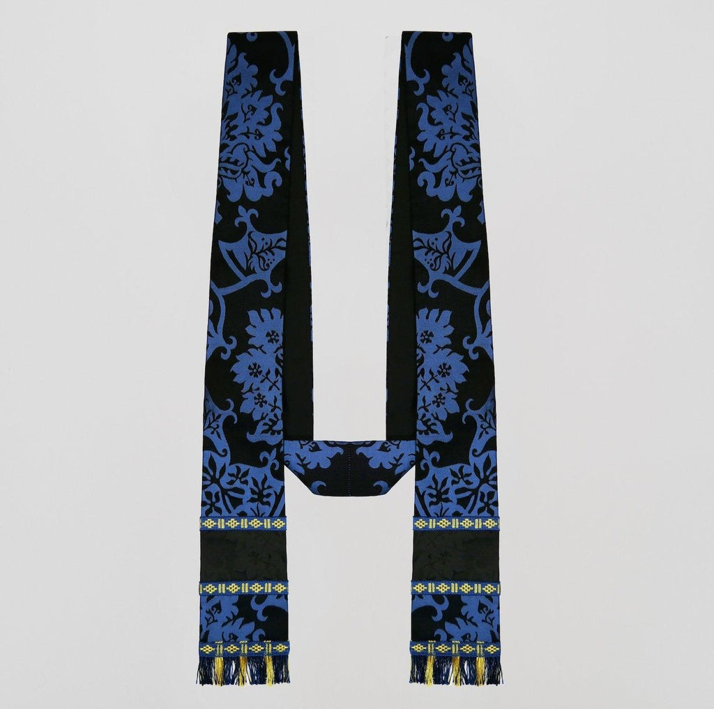 Classic Chasuble in Blue/Black 'Gothic' silk with Black 'Gothic' orphreys and Stole to match - Watts & Co.