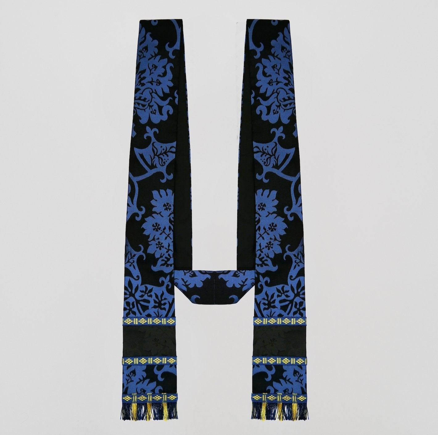 Classic Chasuble in Blue/Black 'Gothic' silk with Black 'Gothic' orphreys and Stole to match - Watts & Co.