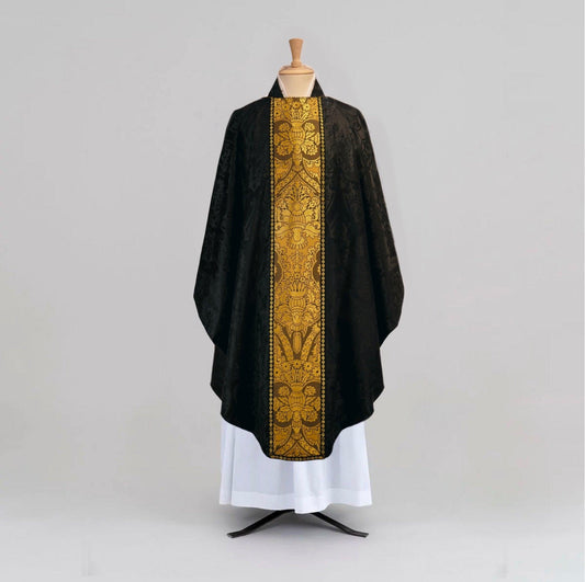 Classic Chasuble & Stole in Black 'Gothic' Silk with orphreys of Jet 'Crevelli' - Watts & Co.