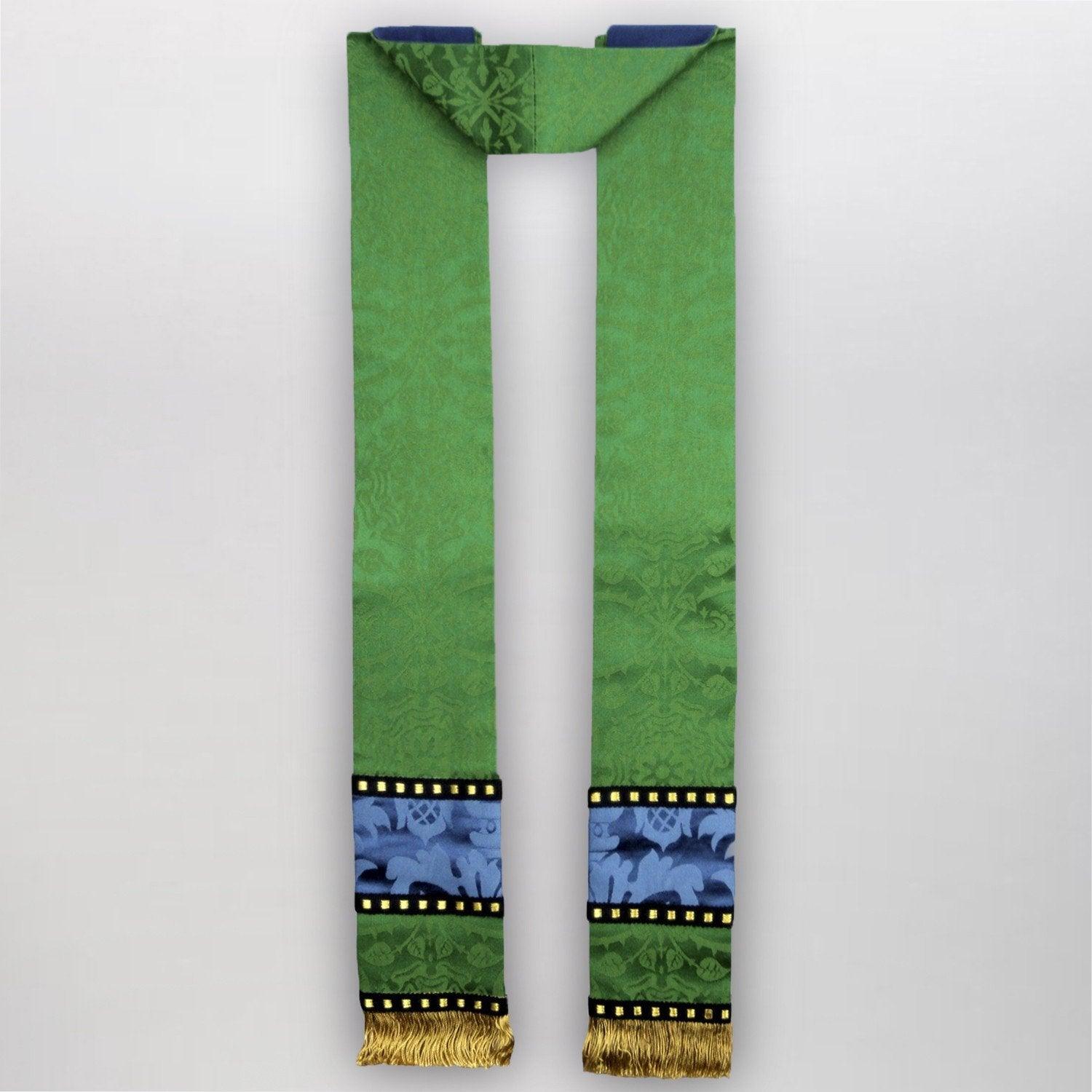 Classic style, Green Glastonbury Chasuble with blue orphreys - Watts & Co.