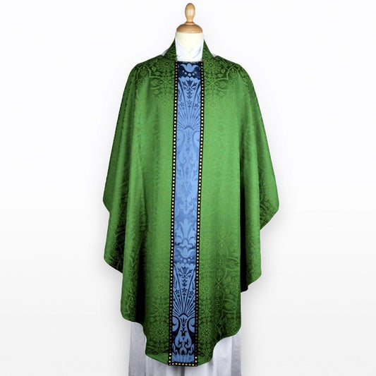 Classic style, Green Glastonbury Chasuble with blue orphreys - Watts & Co.