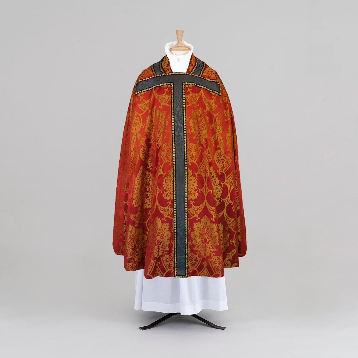 Conical Chasuble & Stole in Sarum Red/Gold 'Gothic' Silk with Sarum Indigo 'Holbein' Orphreys - Watts & Co.
