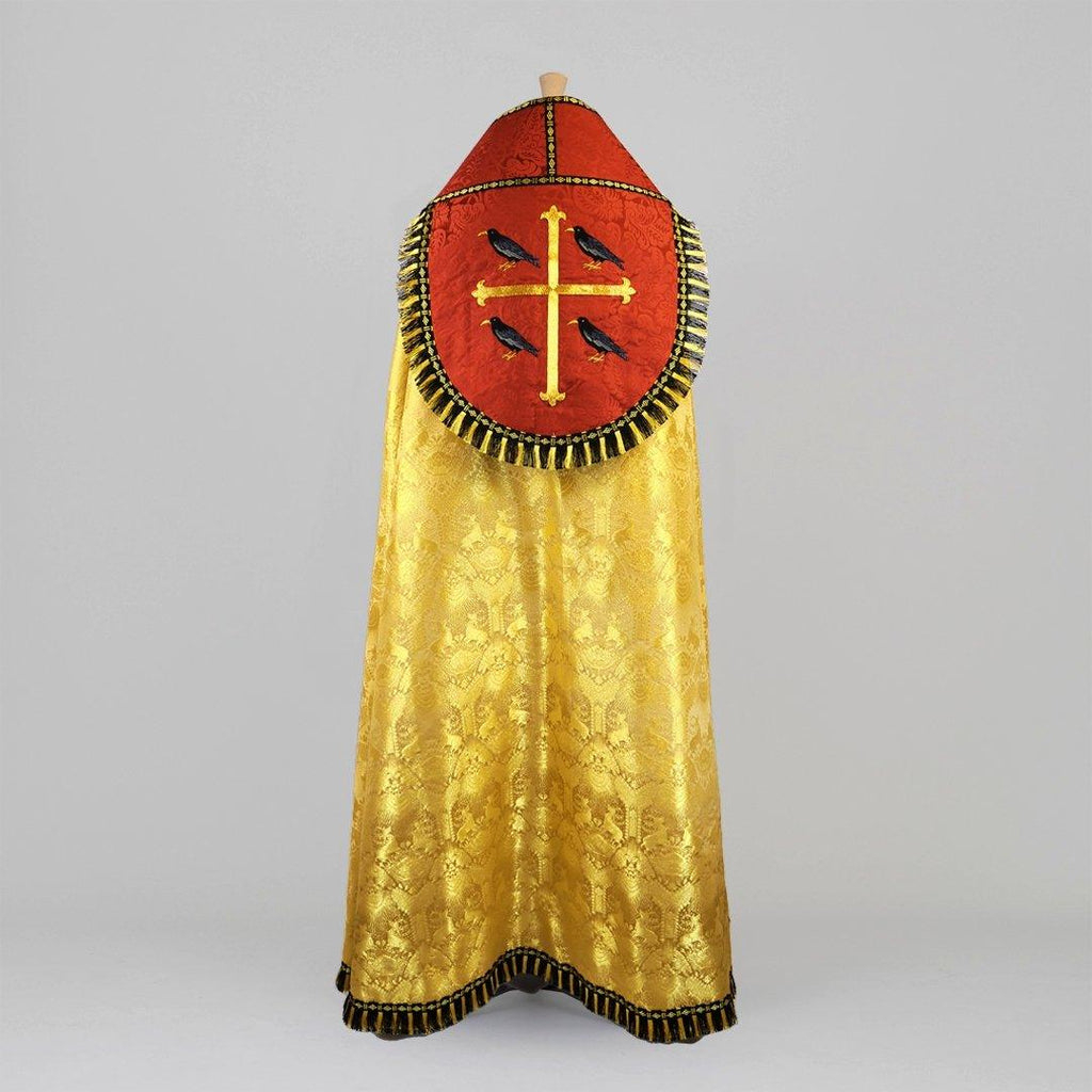 Cope in Stag, Cloth of Gold Damask and Holbein Silk Damask - Sarum Red with Birds Embroidery - Watts & Co.