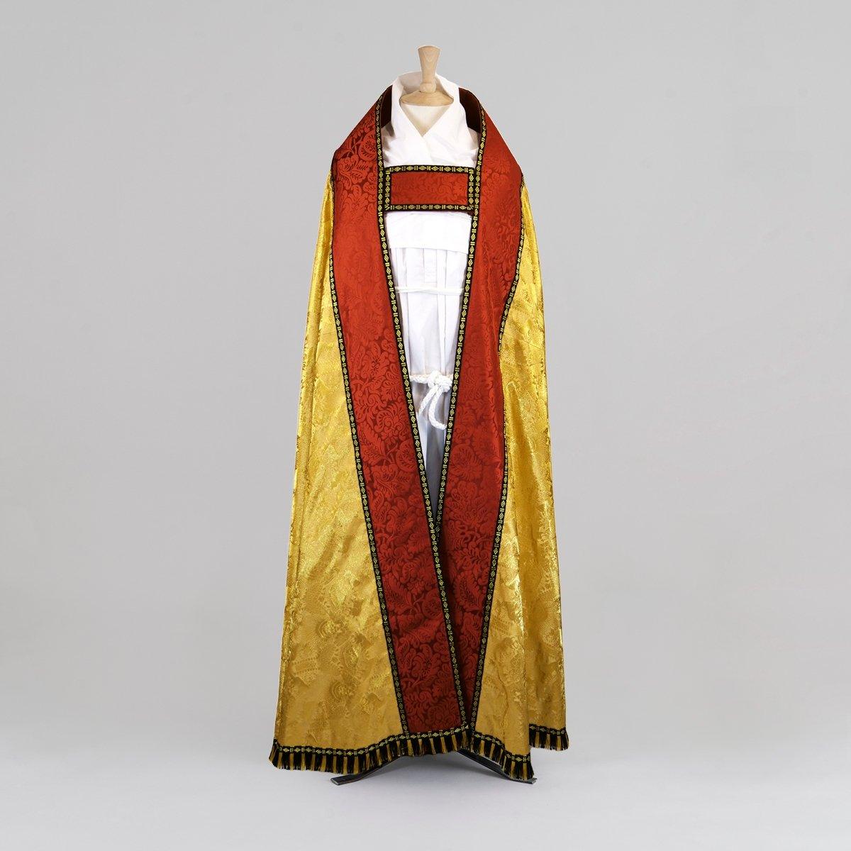 Cope in Stag, Cloth of Gold Damask and Holbein Silk Damask - Sarum Red with Birds Embroidery - Watts & Co.