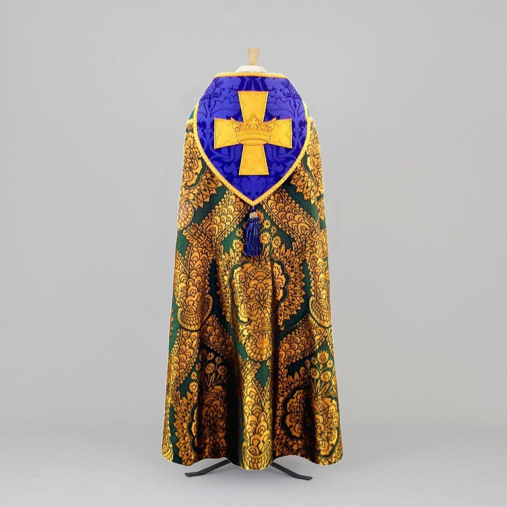 Embroidered Cathedral Cope in Green/Gold Memlinc with Blue Bellini Orphreys - Watts & Co.