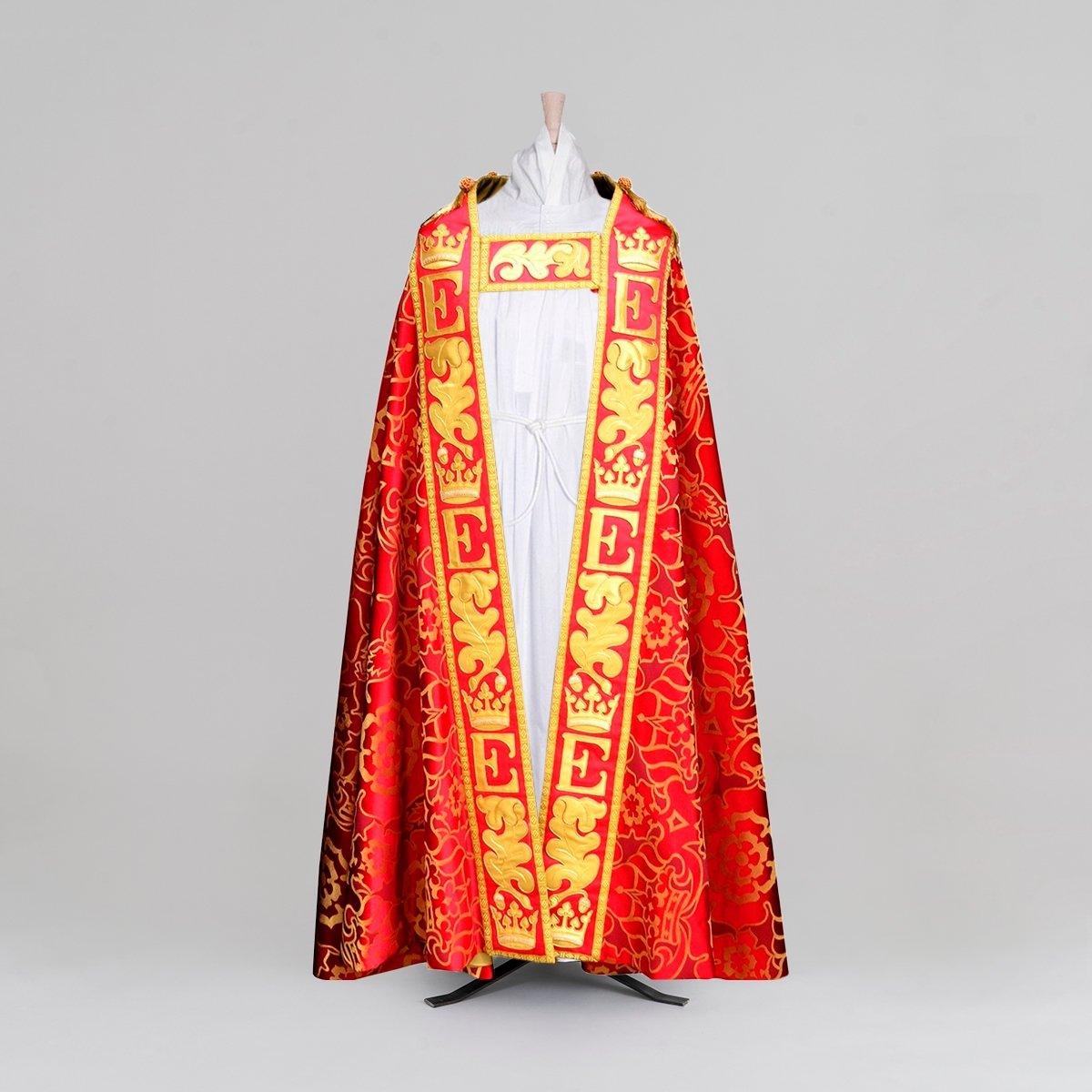 Embroidered Cathedral Cope in Red & Gold Coronation Damask - Watts & Co.