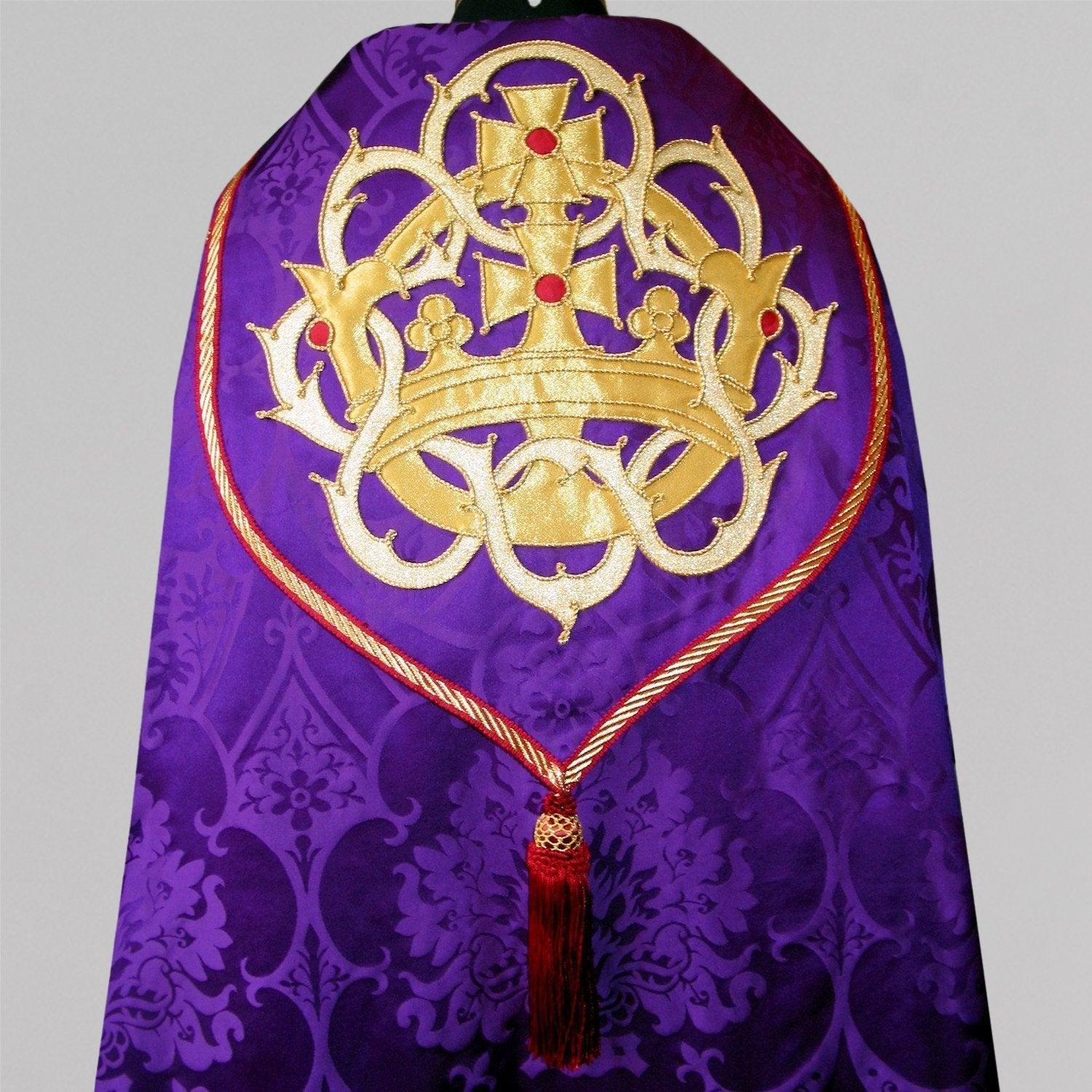 Embroidered Cathedral cope in Royal Purple Gothic - Watts & Co.