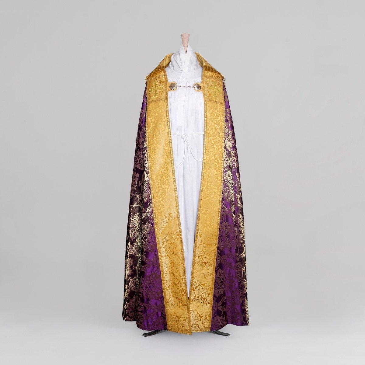 Embroidered Cathedral Cope in Royal Purple/Gilt Gothic with Cream/Gold Holbein Orphreys - Watts & Co.