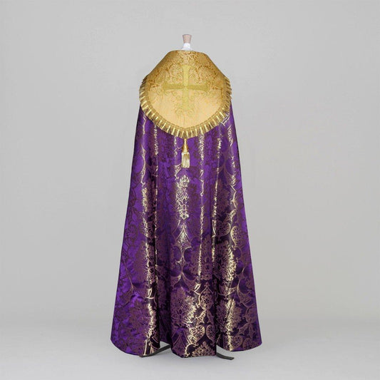 Embroidered Cathedral Cope in Royal Purple/Gilt Gothic with Cream/Gold Holbein Orphreys - Watts & Co.
