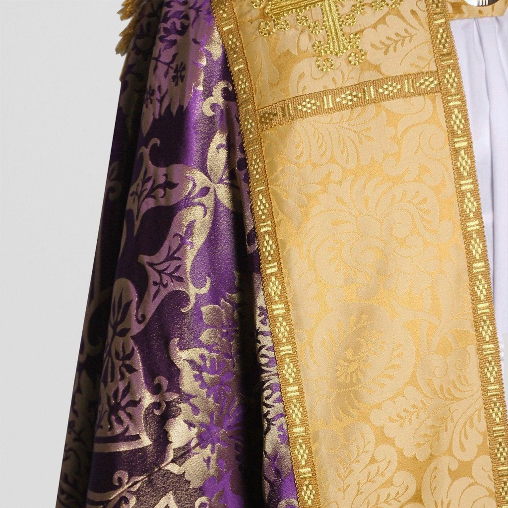 Embroidered Cathedral Cope in Royal Purple/Gilt Gothic with Cream/Gold Holbein Orphreys - Watts & Co.