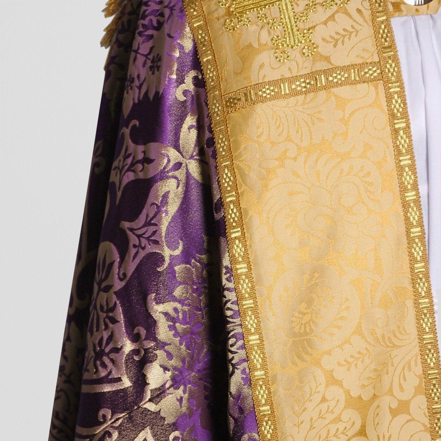Embroidered Cathedral Cope in Royal Purple/Gilt Gothic with Cream/Gold Holbein Orphreys - Watts & Co.