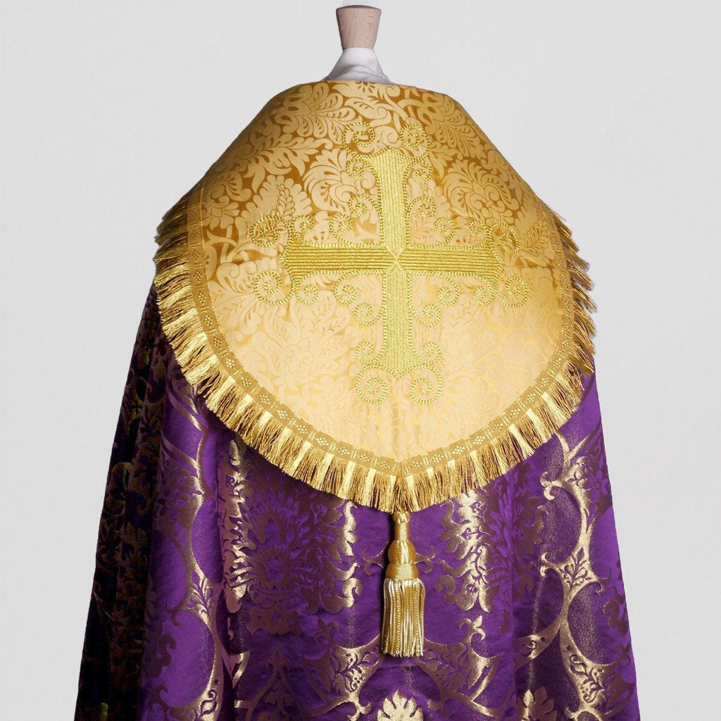 Embroidered Cathedral Cope in Royal Purple/Gilt Gothic with Cream/Gold Holbein Orphreys - Watts & Co.
