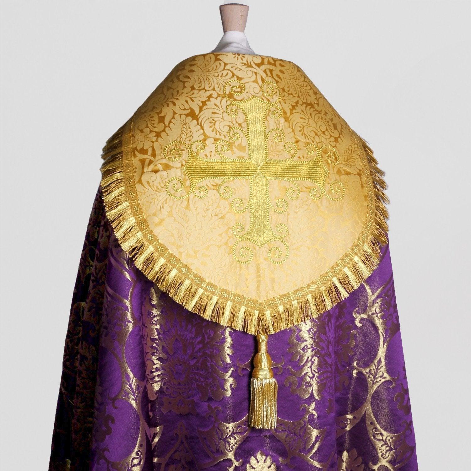 Embroidered Cathedral Cope in Royal Purple/Gilt Gothic with Cream/Gold Holbein Orphreys - Watts & Co.
