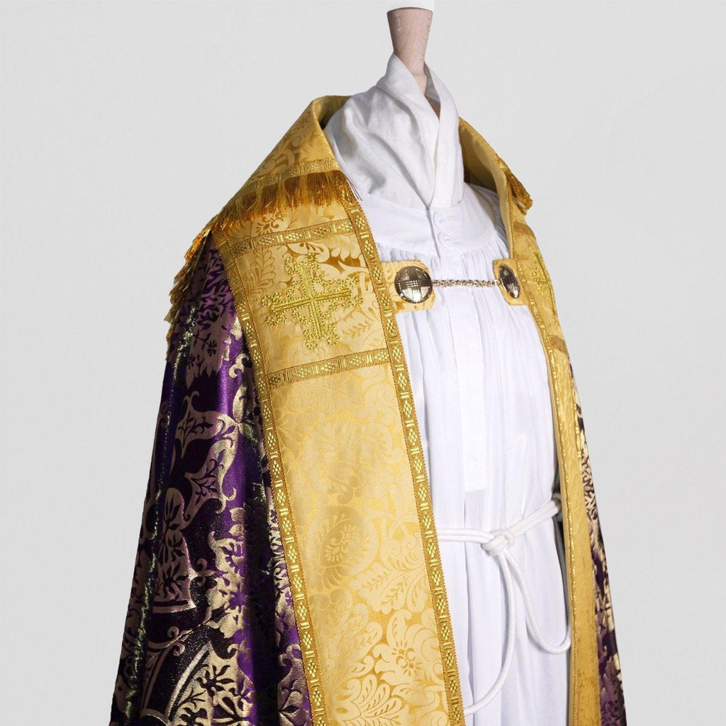 Embroidered Cathedral Cope in Royal Purple/Gilt Gothic with Cream/Gold Holbein Orphreys - Watts & Co.