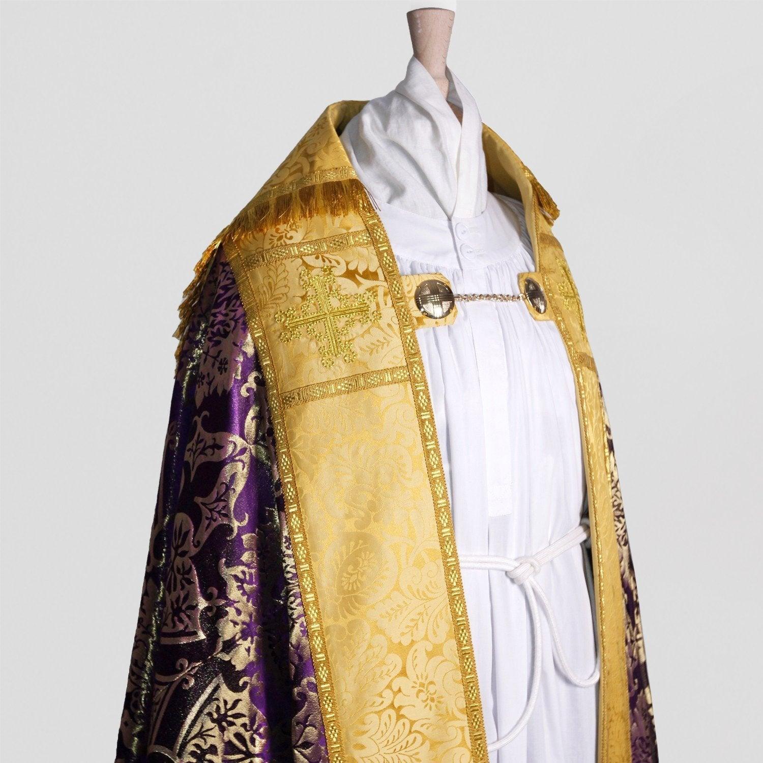 Embroidered Cathedral Cope in Royal Purple/Gilt Gothic with Cream/Gold Holbein Orphreys - Watts & Co.