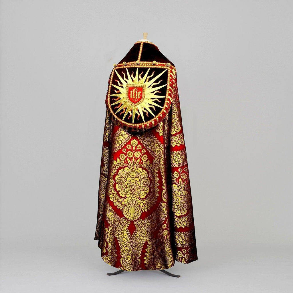 Embroidered Minster Cope in Red/Gold Memlinc with Red Velvet Orphreys - Watts & Co.