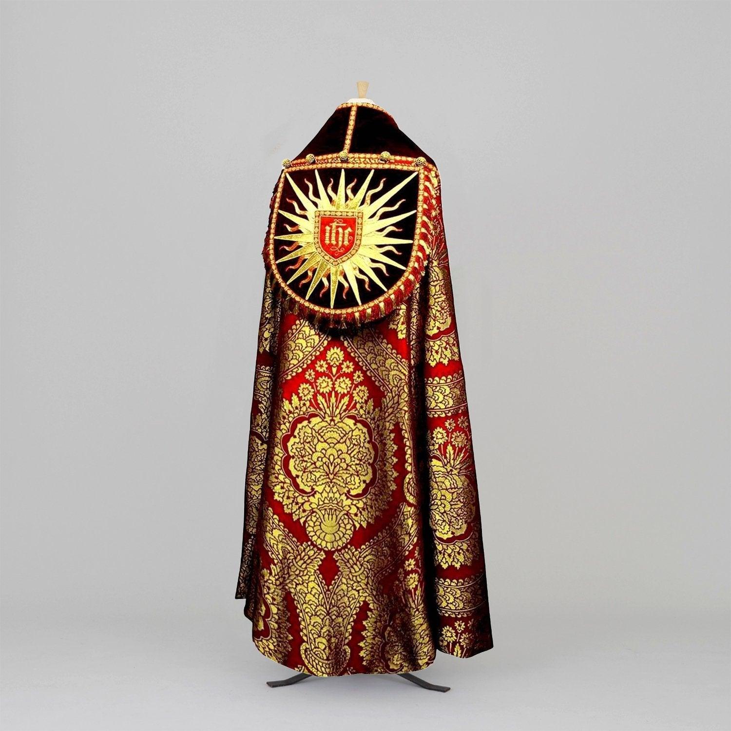 Embroidered Minster Cope in Red/Gold Memlinc with Red Velvet Orphreys - Watts & Co.
