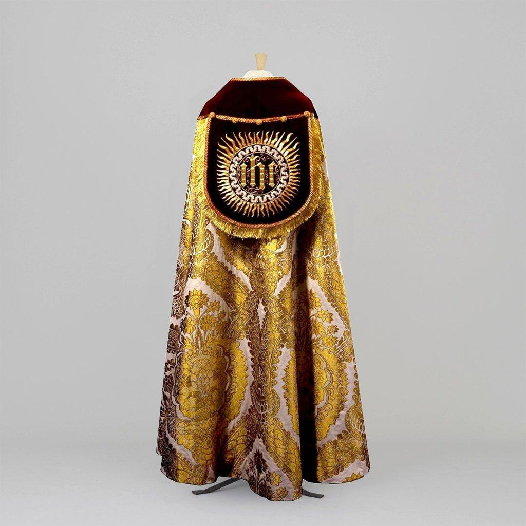 Embroidered Minster Cope in White/Gold Memlinc with Red Velvet Orphreys - Watts & Co.