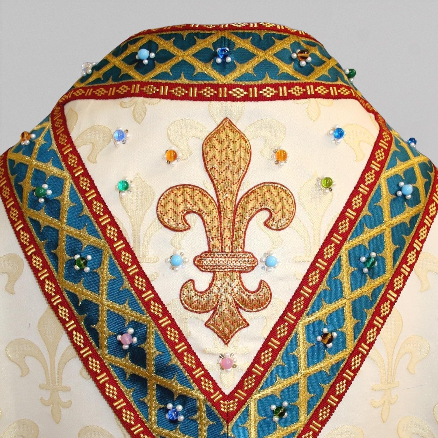 Embroidered Portsmouth Cope in White & Gold Fleur de Lys Brocade - Watts & Co.