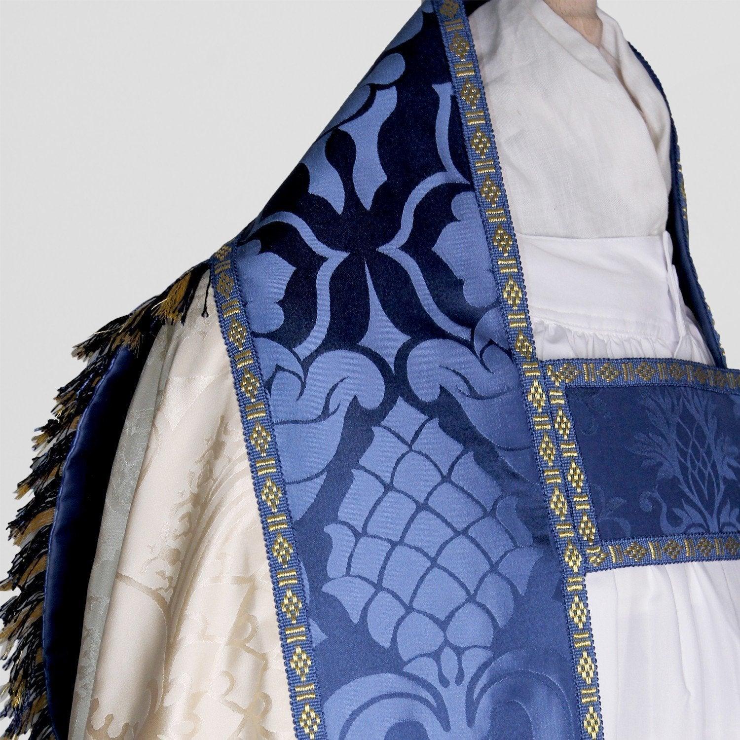 Embroidered Westminster Cope in Cream Comper Cathedral with Blue Bellini Orphreys - Watts & Co.