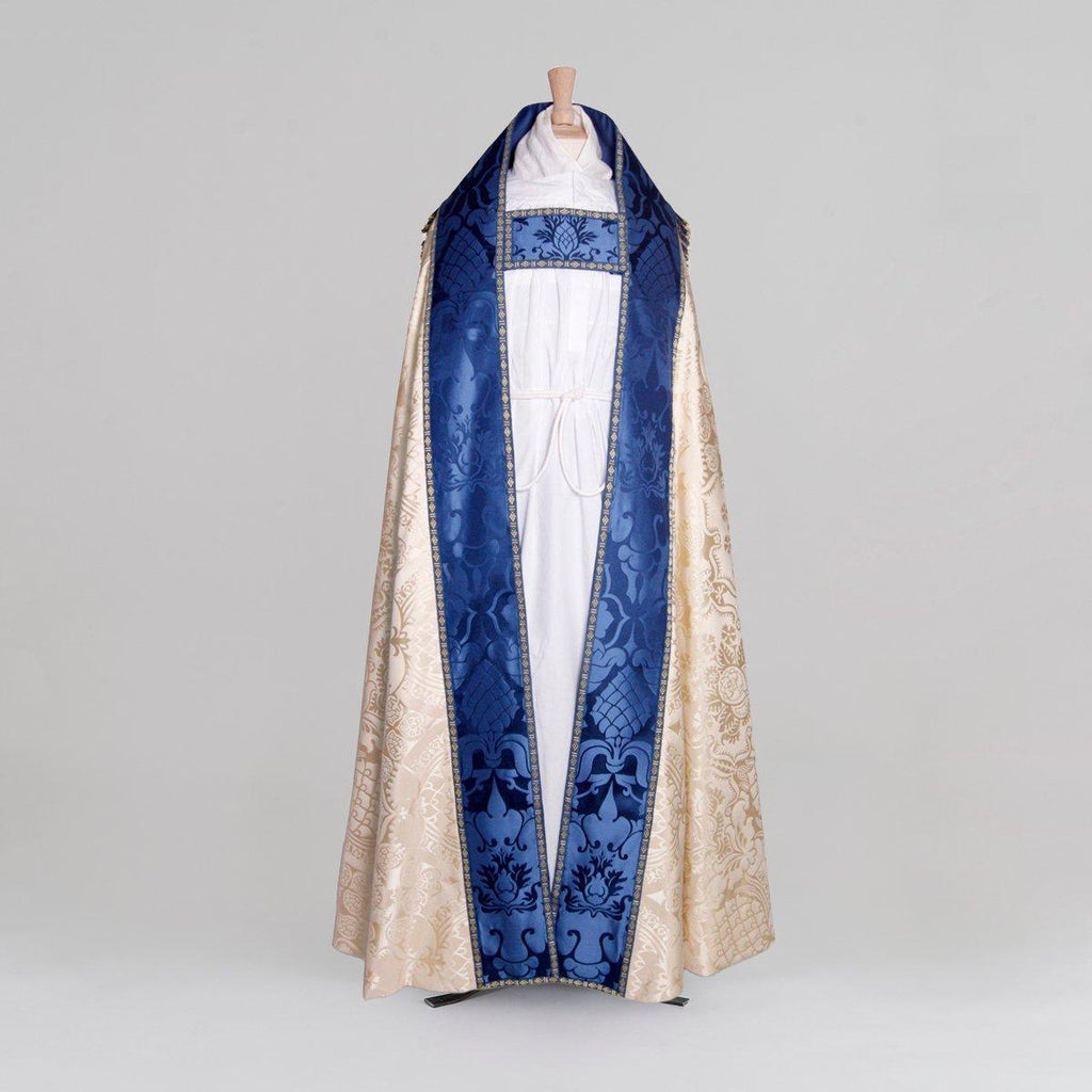 Embroidered Westminster Cope in Cream Comper Cathedral with Blue Bellini Orphreys - Watts & Co.
