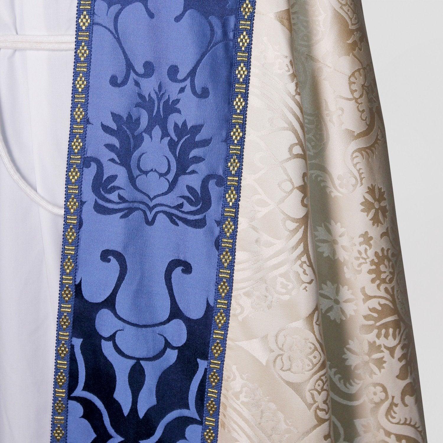 Embroidered Westminster Cope in Cream Comper Cathedral with Blue Bellini Orphreys - Watts & Co.