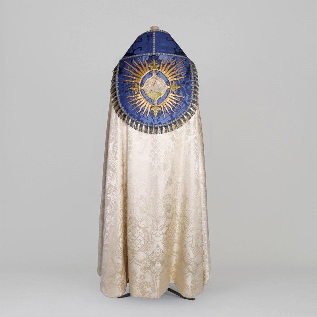 Embroidered Westminster Cope in Cream Comper Cathedral with Blue Bellini Orphreys - Watts & Co.