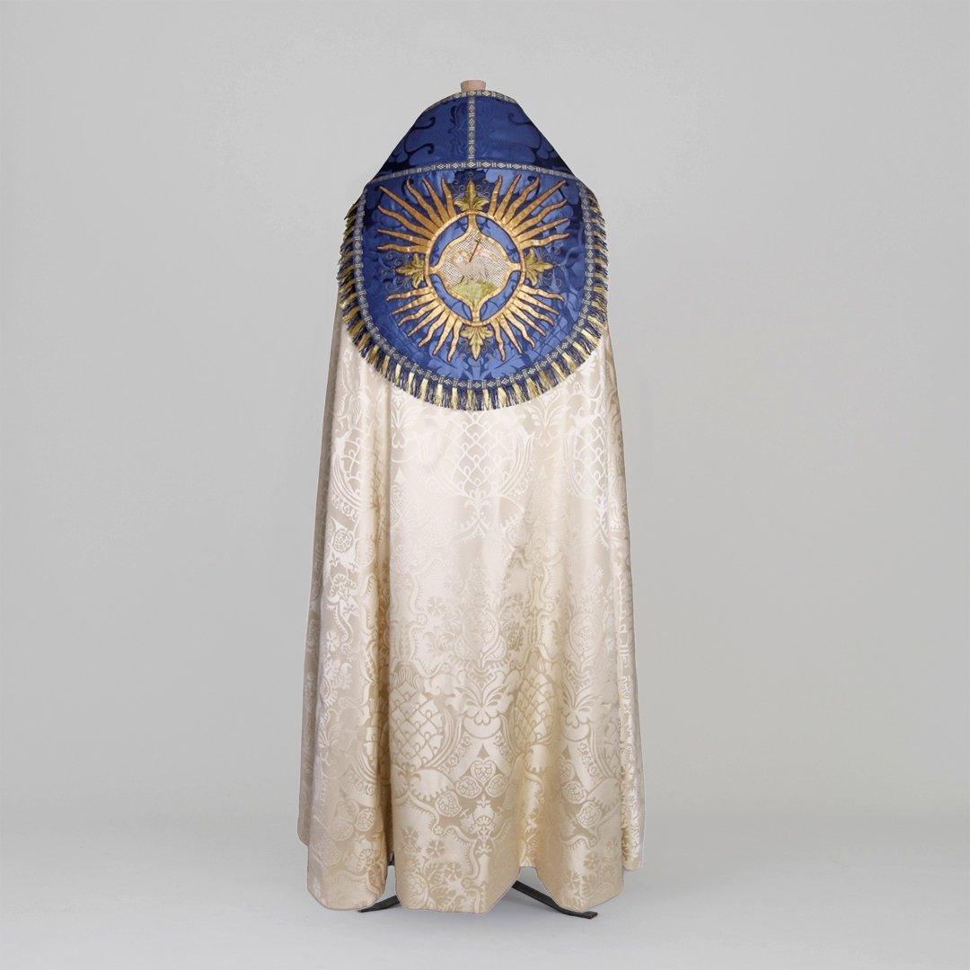 Embroidered Westminster Cope in Cream Comper Cathedral with Blue Bellini Orphreys - Watts & Co.
