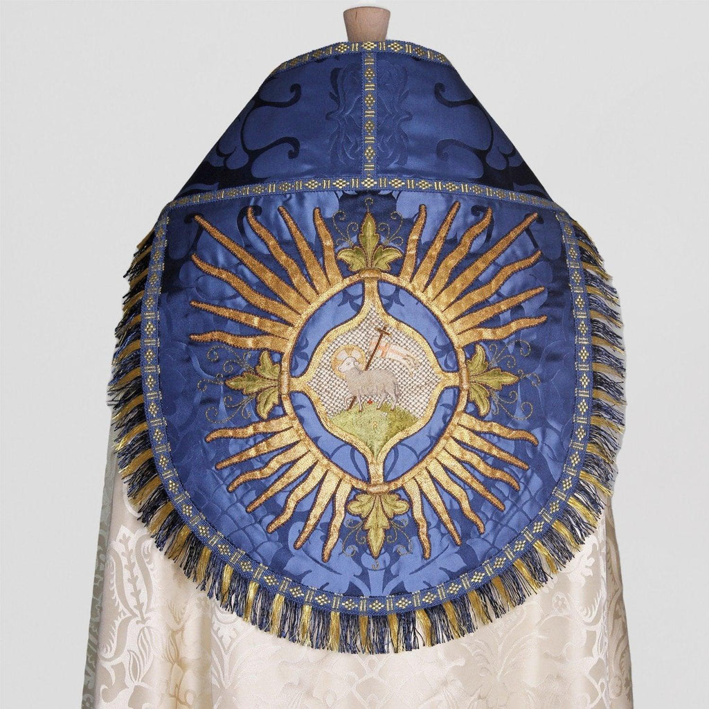 Embroidered Westminster Cope in Cream Comper Cathedral with Blue Bellini Orphreys - Watts & Co.