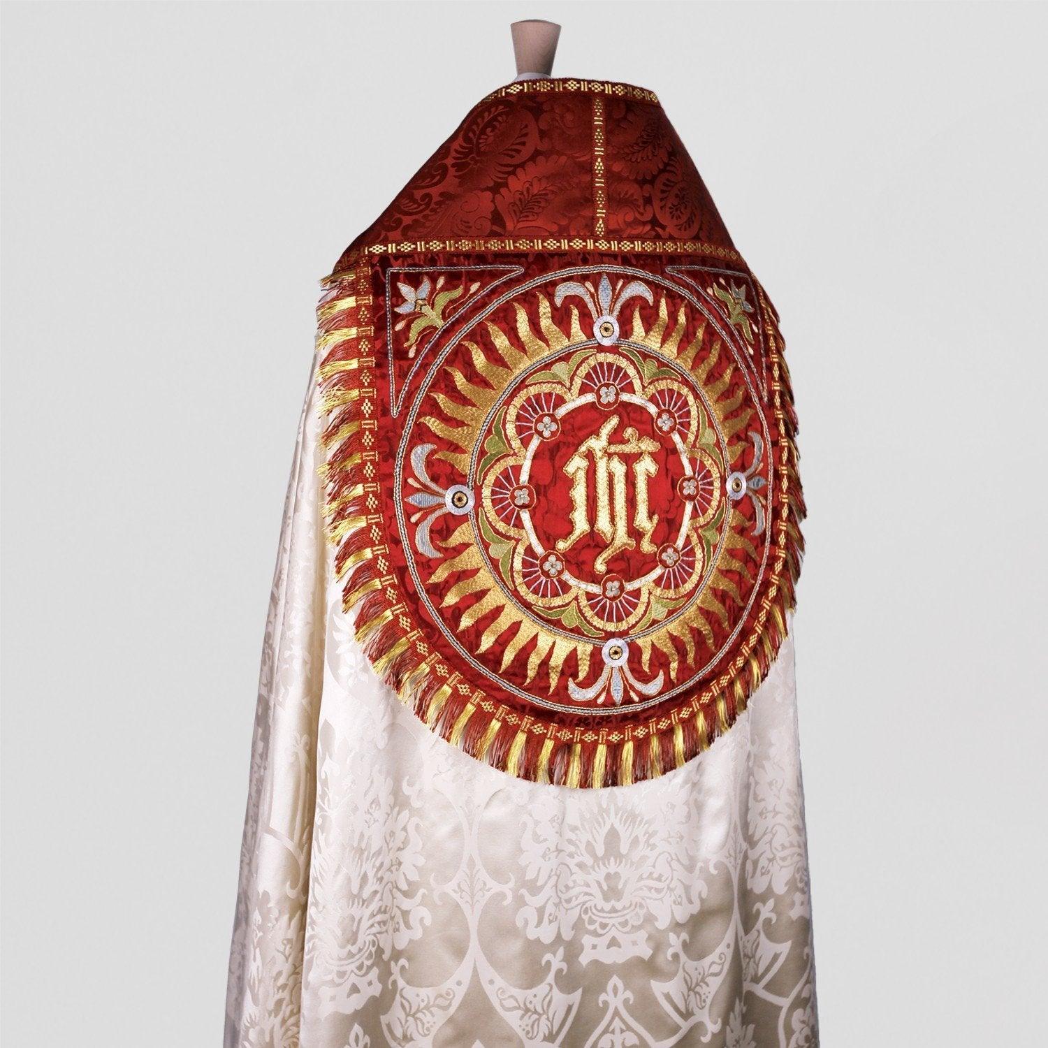 Embroidered Westminster Cope in Cream Gothic with Sarum Red Holbein Orphreys - Watts & Co.